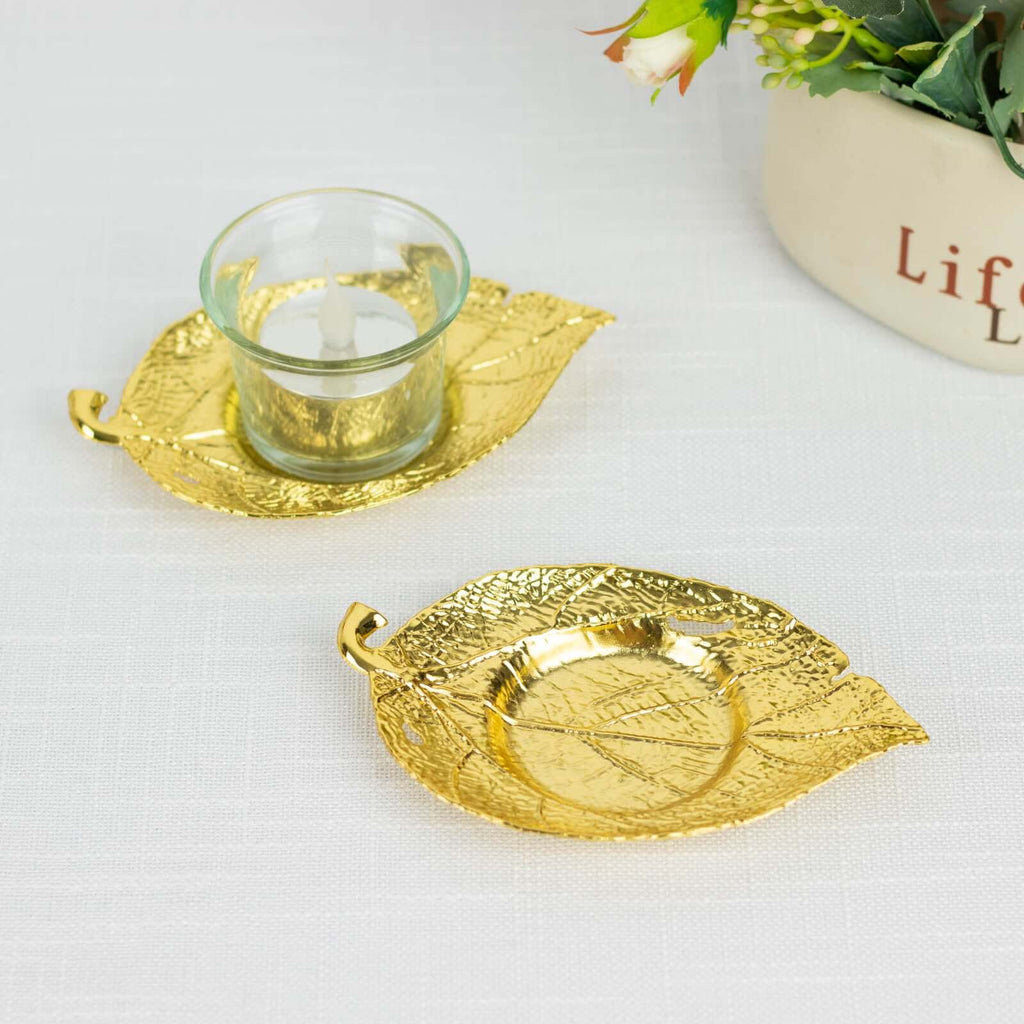 3 - Pack Metal Votive Candle Holders Maple Leaf Design Shiny Gold - Vintage Mini Tea Cup Saucers 5" - Bell Racket Store