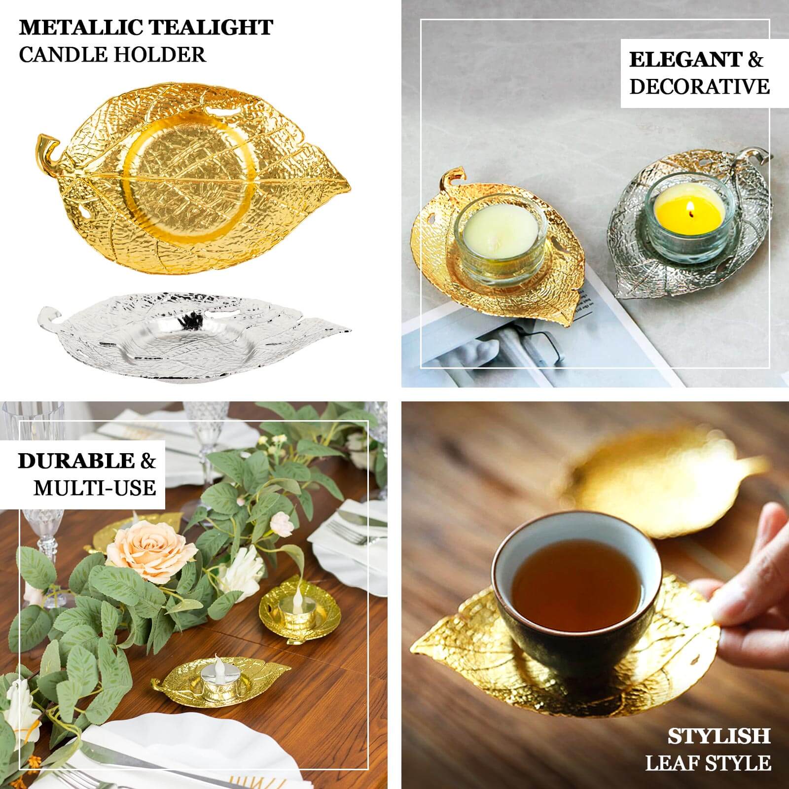3 - Pack Metal Votive Candle Holders Maple Leaf Design Shiny Silver - Vintage Mini Tea Cup Saucers 5" - Bell Racket Store