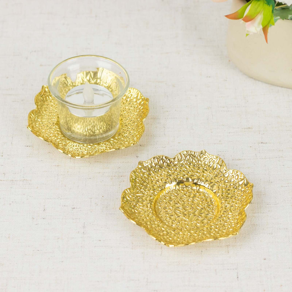 3 - Pack Metal Votive Candle Holders Plum Blossom Design Shiny Gold - Vintage Mini Tea Cup Saucers 4" - Bell Racket Store