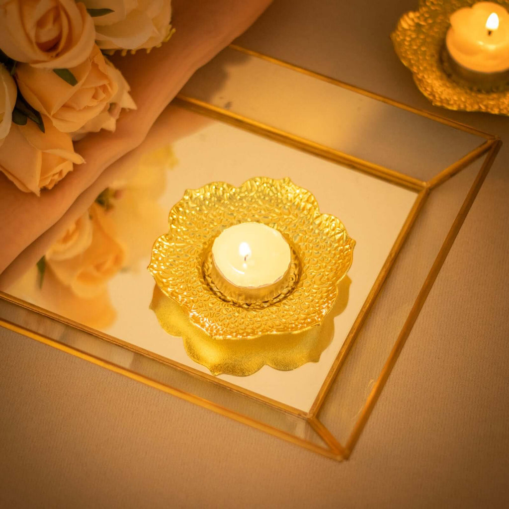 3 - Pack Metal Votive Candle Holders Plum Blossom Design Shiny Gold - Vintage Mini Tea Cup Saucers 4" - Bell Racket Store