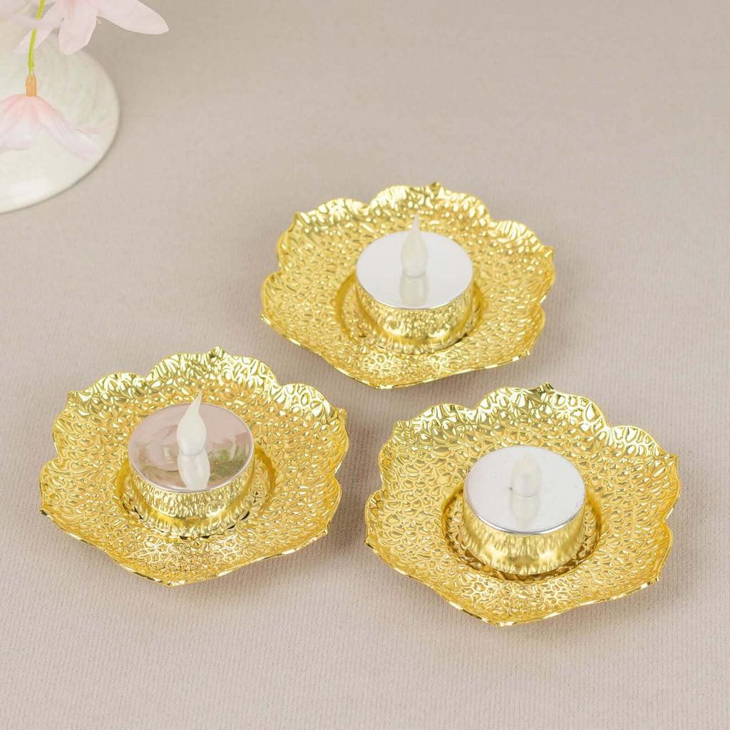 3 - Pack Metal Votive Candle Holders Plum Blossom Design Shiny Gold - Vintage Mini Tea Cup Saucers 4" - Bell Racket Store
