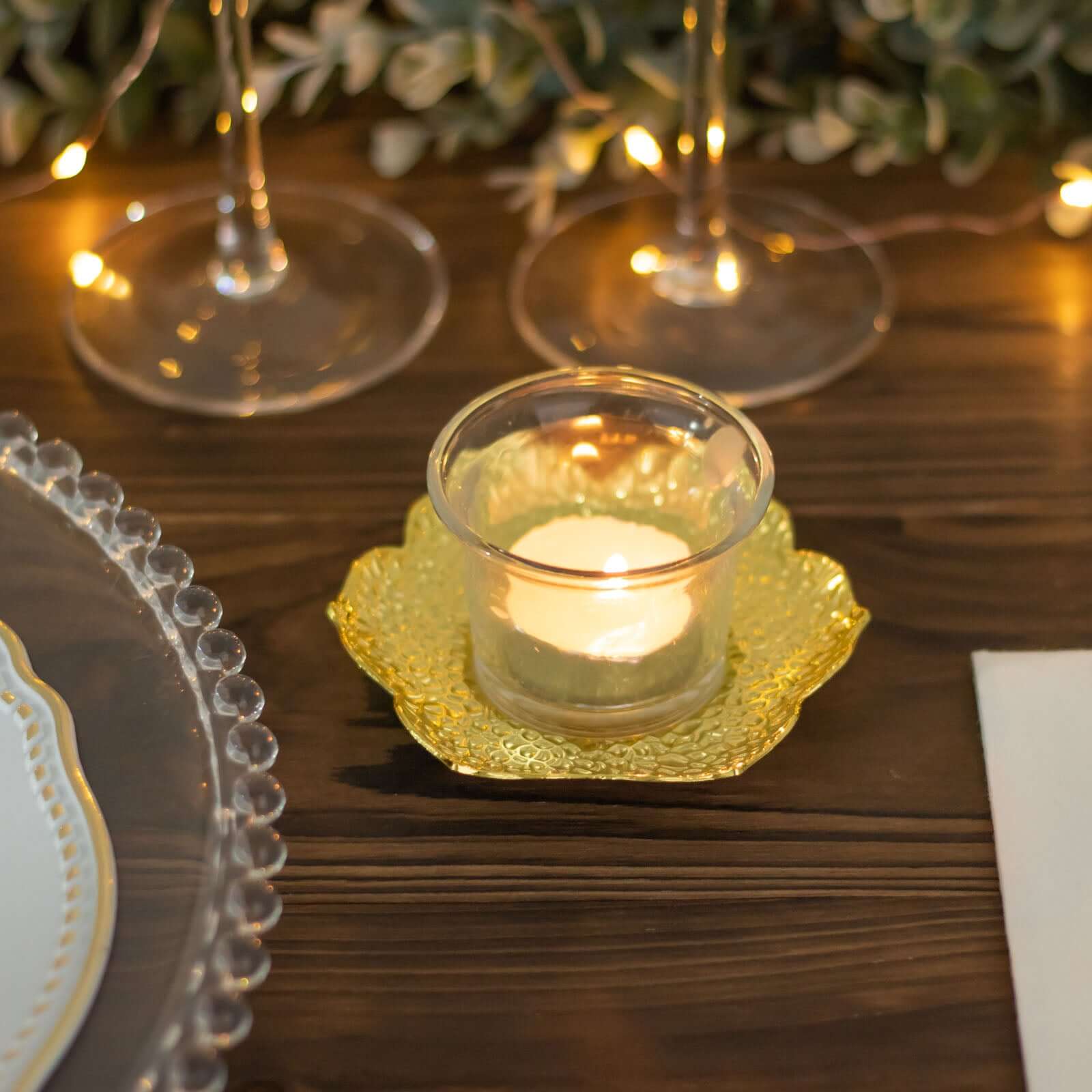 3 - Pack Metal Votive Candle Holders Plum Blossom Design Shiny Gold - Vintage Mini Tea Cup Saucers 4" - Bell Racket Store