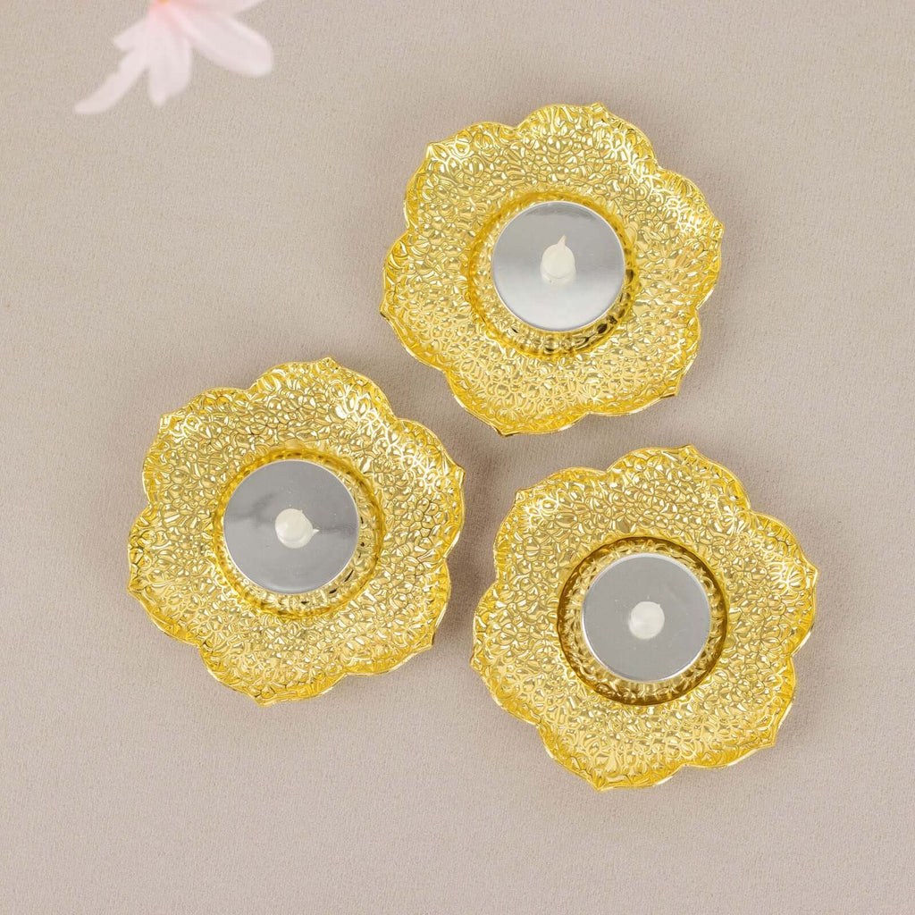 3 - Pack Metal Votive Candle Holders Plum Blossom Design Shiny Gold - Vintage Mini Tea Cup Saucers 4" - Bell Racket Store