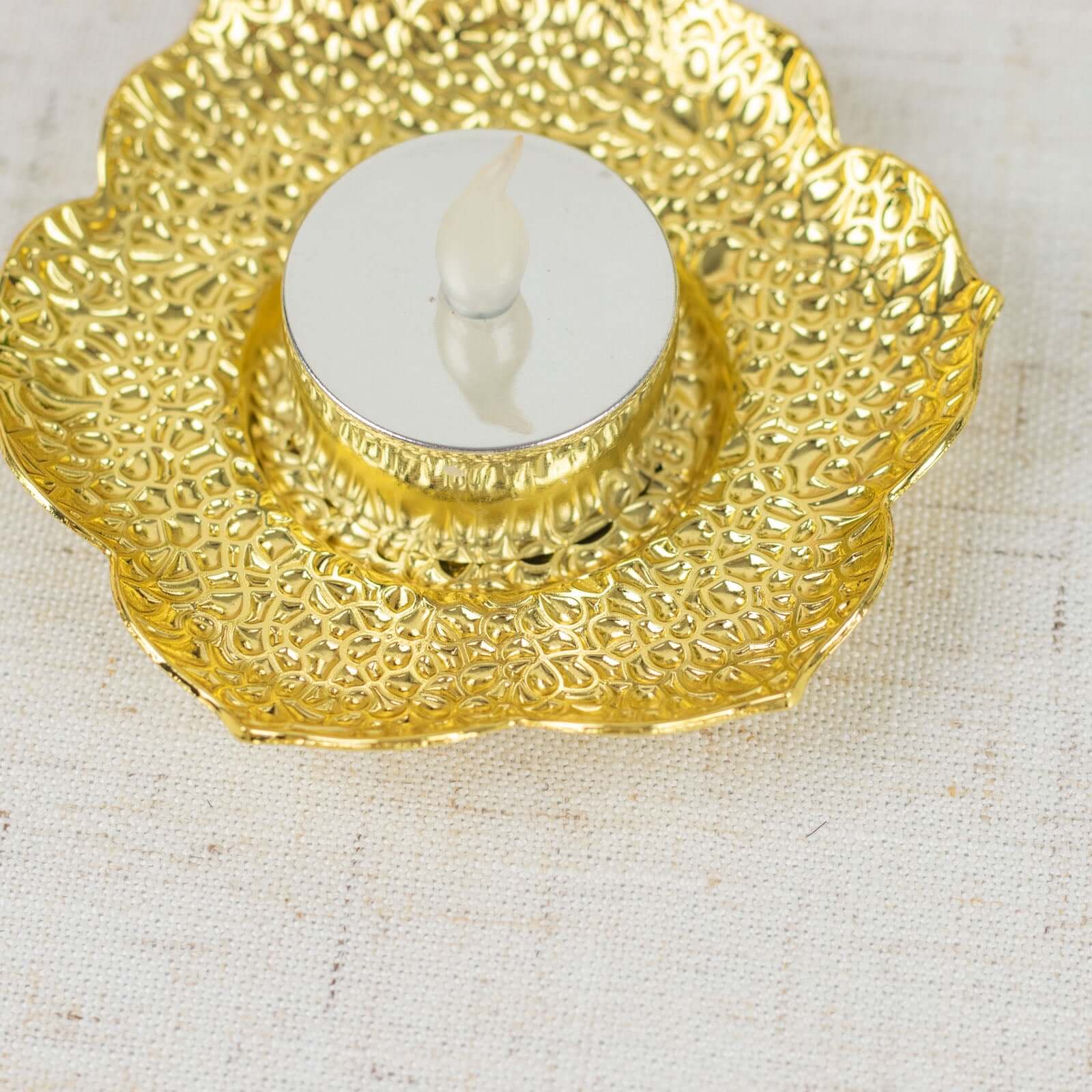 3 - Pack Metal Votive Candle Holders Plum Blossom Design Shiny Gold - Vintage Mini Tea Cup Saucers 4" - Bell Racket Store