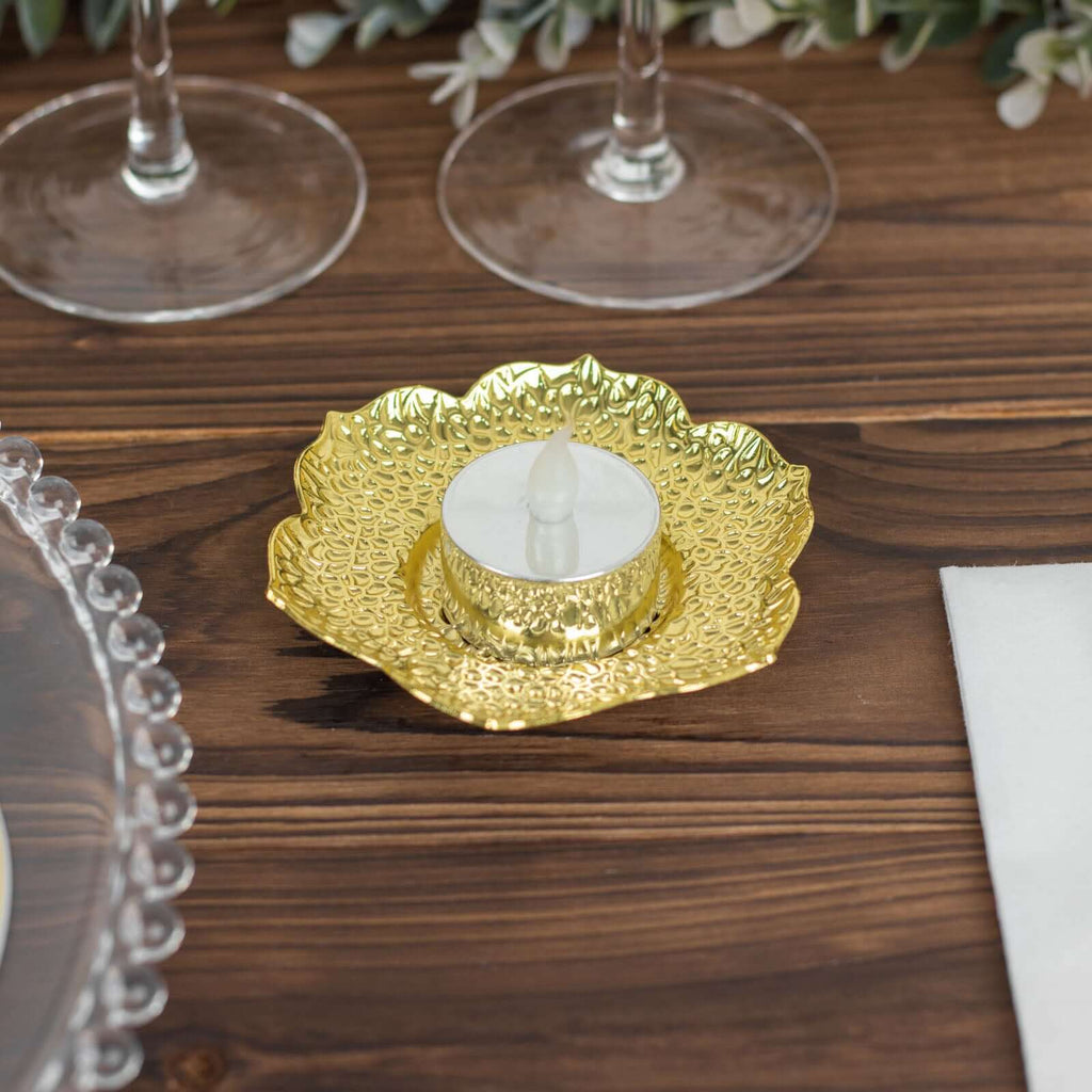 3 - Pack Metal Votive Candle Holders Plum Blossom Design Shiny Gold - Vintage Mini Tea Cup Saucers 4" - Bell Racket Store