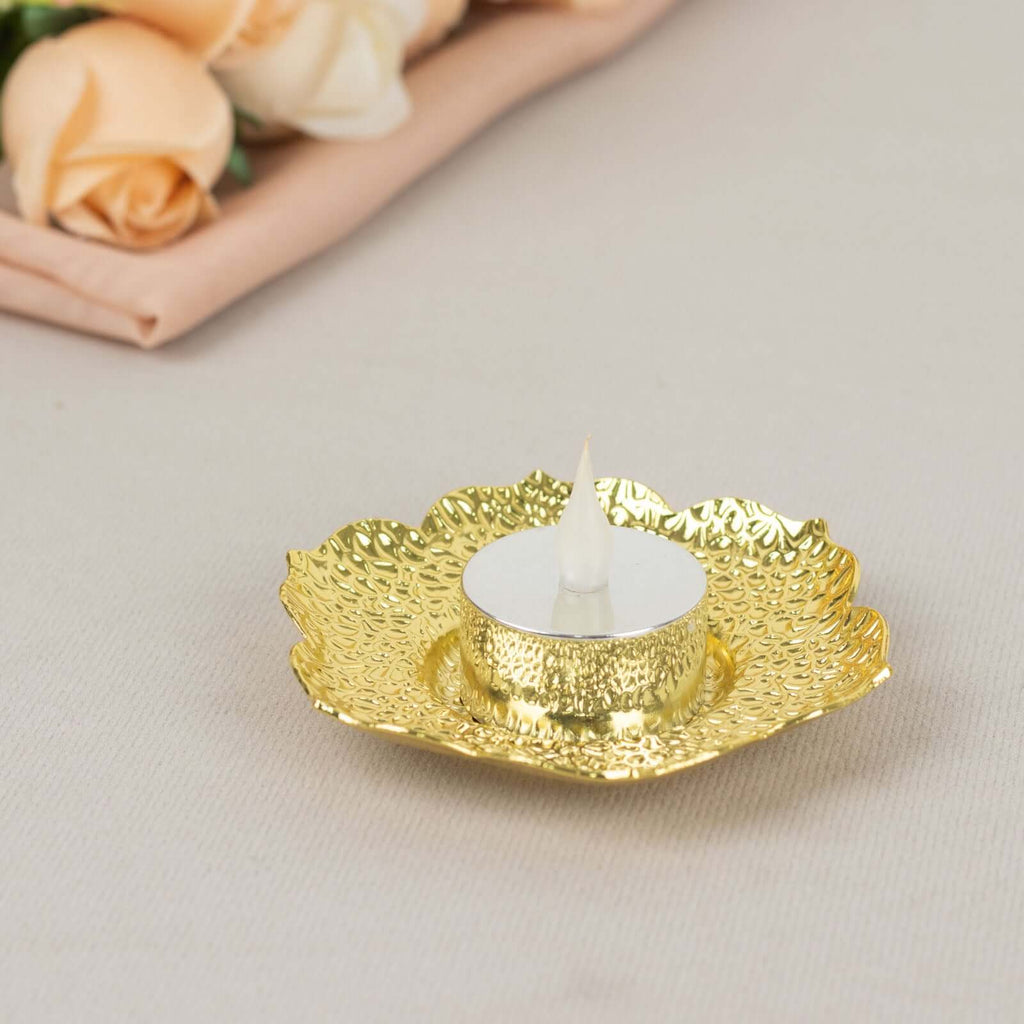 3 - Pack Metal Votive Candle Holders Plum Blossom Design Shiny Gold - Vintage Mini Tea Cup Saucers 4" - Bell Racket Store