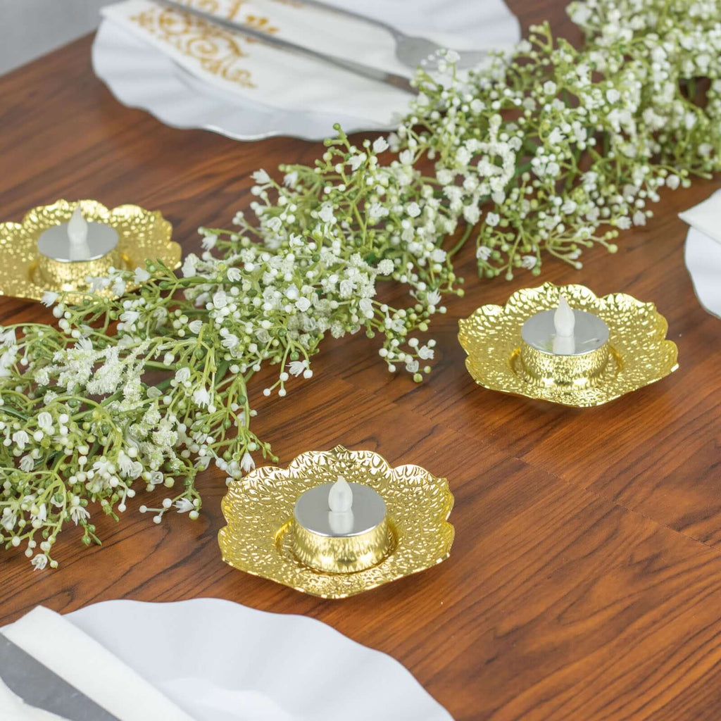 3 - Pack Metal Votive Candle Holders Plum Blossom Design Shiny Gold - Vintage Mini Tea Cup Saucers 4" - Bell Racket Store