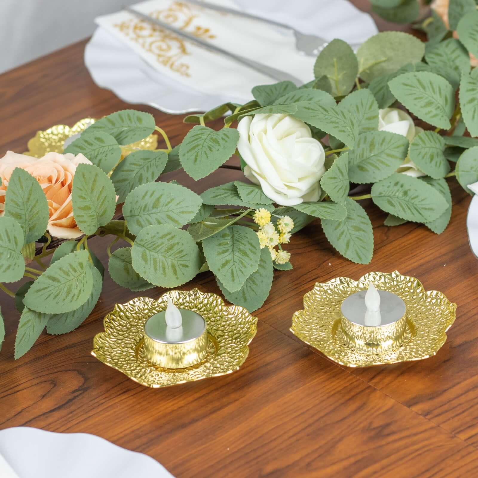 3 - Pack Metal Votive Candle Holders Plum Blossom Design Shiny Gold - Vintage Mini Tea Cup Saucers 4" - Bell Racket Store