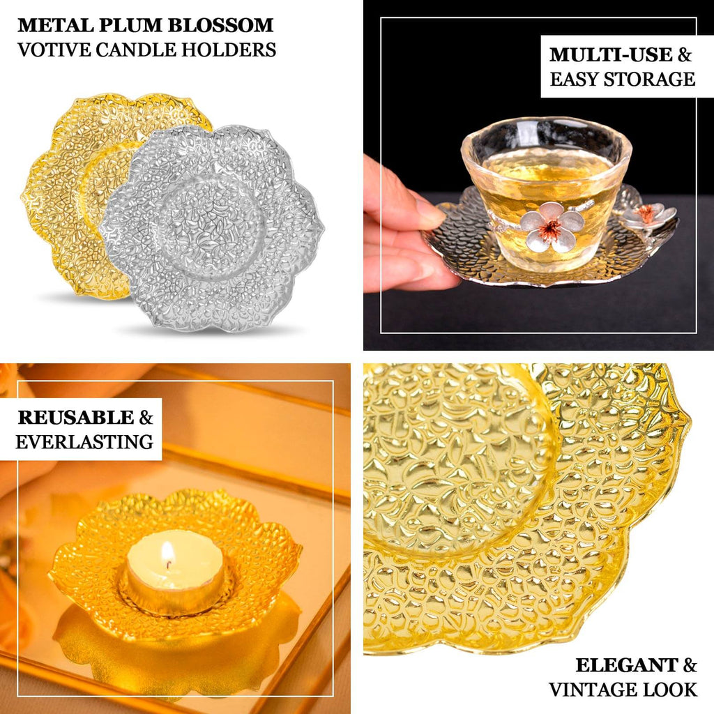 3 - Pack Metal Votive Candle Holders Plum Blossom Design Shiny Silver - Vintage Mini Tea Cup Saucers 4" - Bell Racket Store