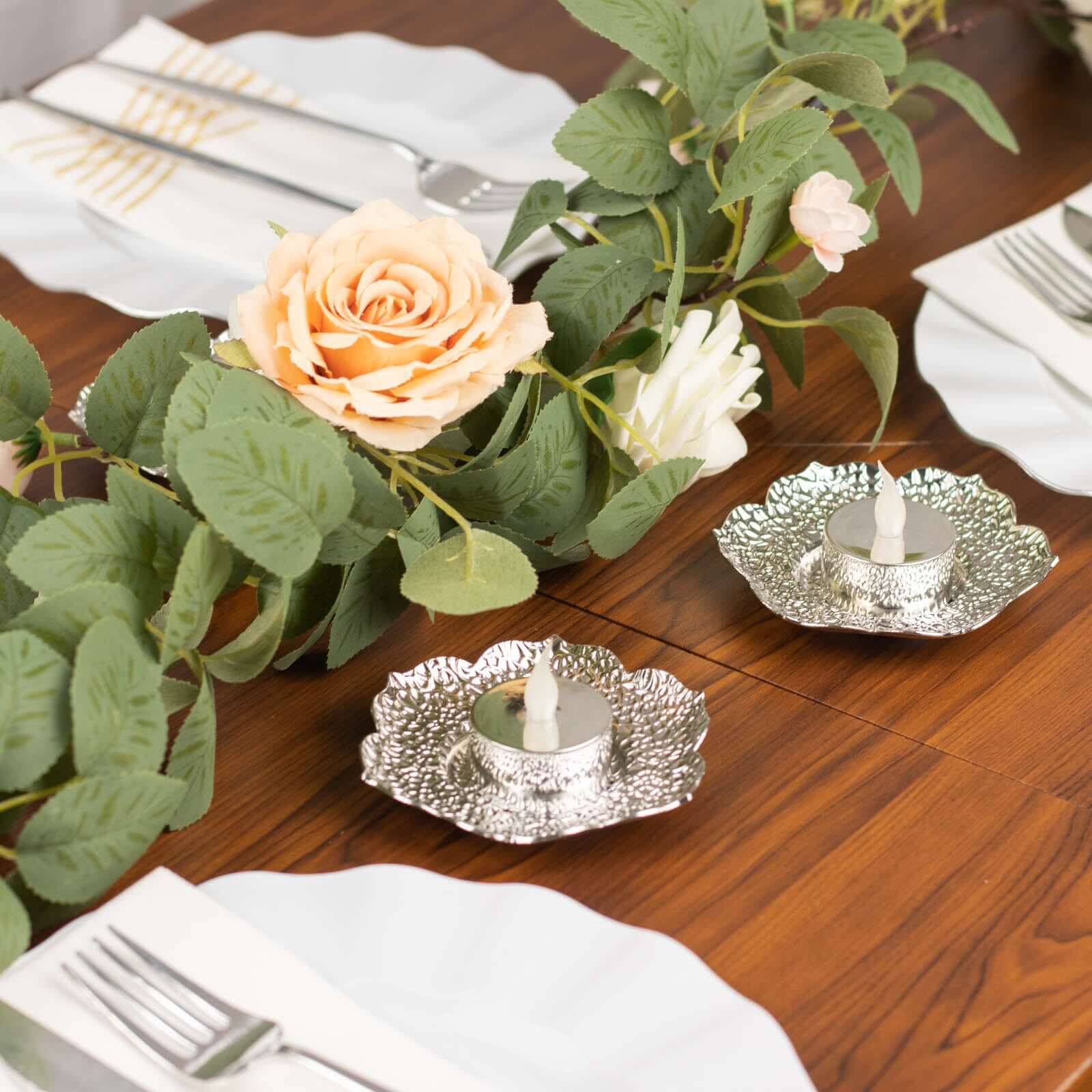 3 - Pack Metal Votive Candle Holders Plum Blossom Design Shiny Silver - Vintage Mini Tea Cup Saucers 4" - Bell Racket Store