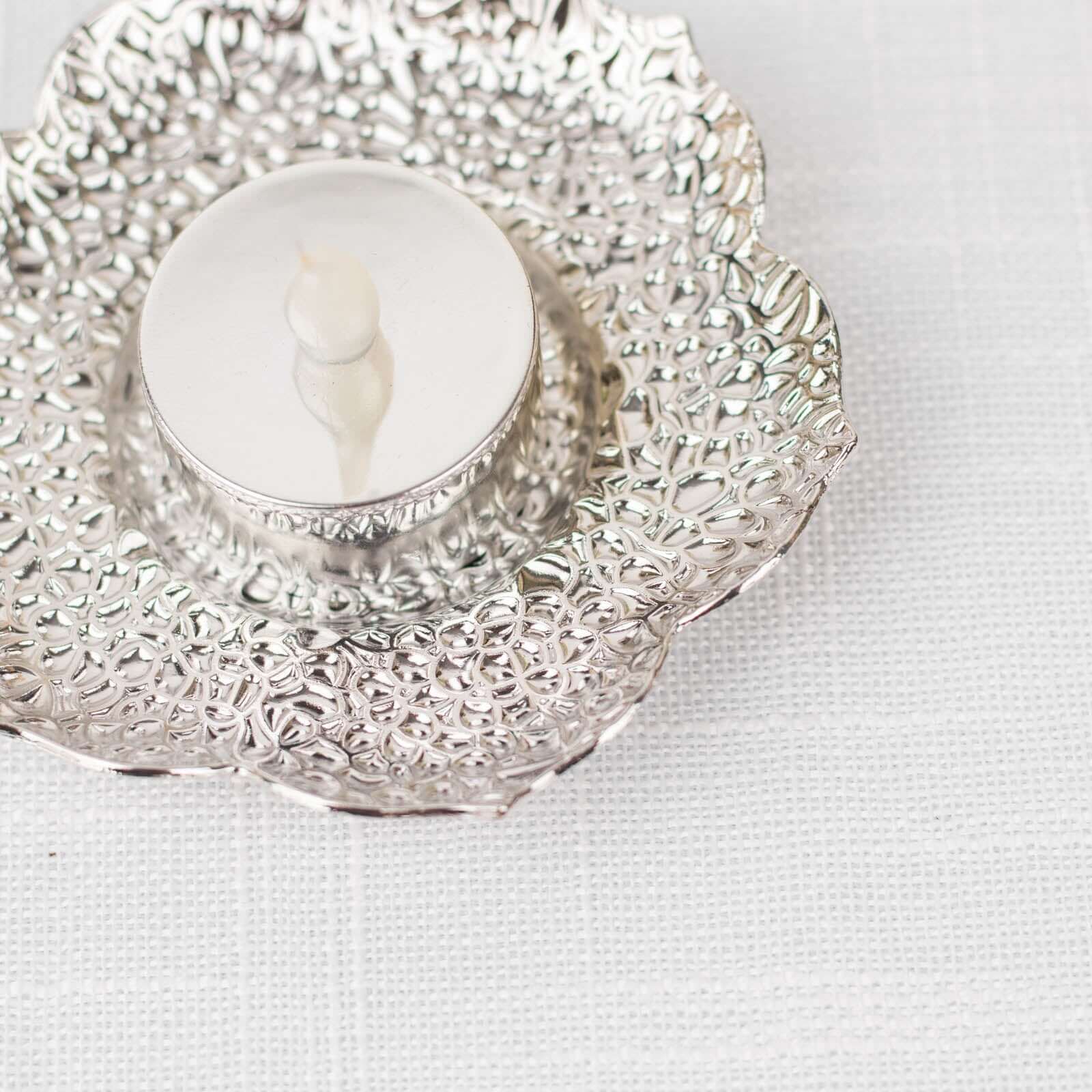 3 - Pack Metal Votive Candle Holders Plum Blossom Design Shiny Silver - Vintage Mini Tea Cup Saucers 4" - Bell Racket Store