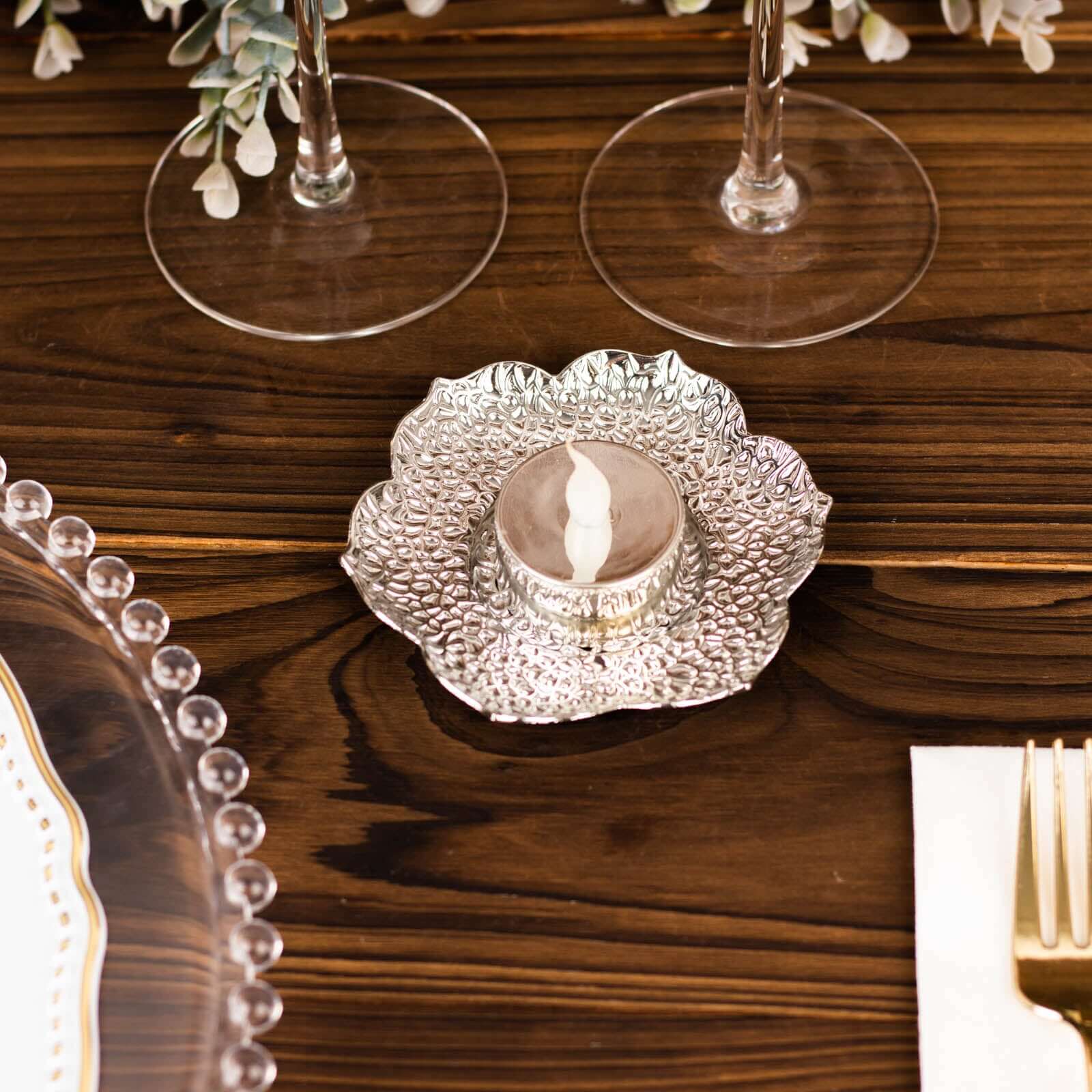 3 - Pack Metal Votive Candle Holders Plum Blossom Design Shiny Silver - Vintage Mini Tea Cup Saucers 4" - Bell Racket Store