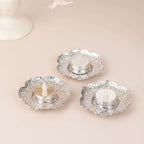 3 - Pack Metal Votive Candle Holders Plum Blossom Design Shiny Silver - Vintage Mini Tea Cup Saucers 4" - Bell Racket Store