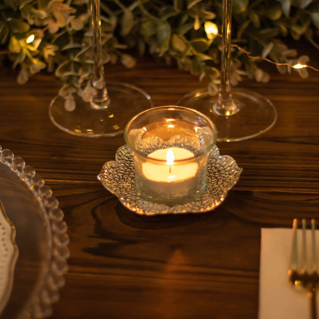 3 - Pack Metal Votive Candle Holders Plum Blossom Design Shiny Silver - Vintage Mini Tea Cup Saucers 4" - Bell Racket Store