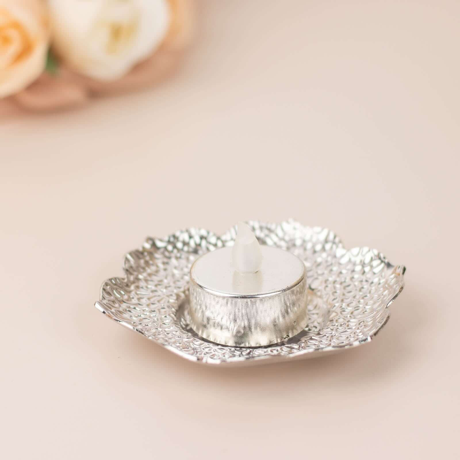 3 - Pack Metal Votive Candle Holders Plum Blossom Design Shiny Silver - Vintage Mini Tea Cup Saucers 4" - Bell Racket Store