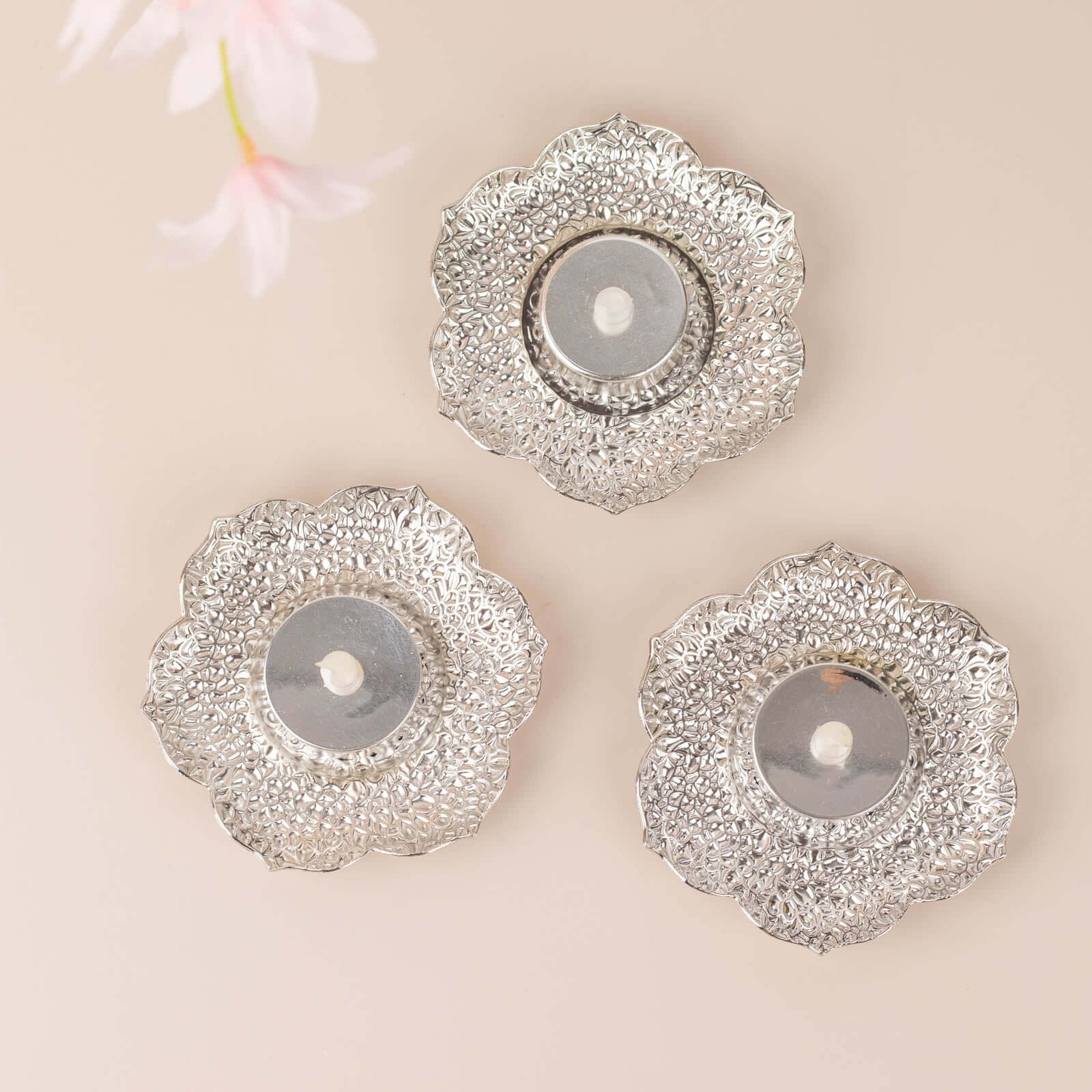 3 - Pack Metal Votive Candle Holders Plum Blossom Design Shiny Silver - Vintage Mini Tea Cup Saucers 4" - Bell Racket Store