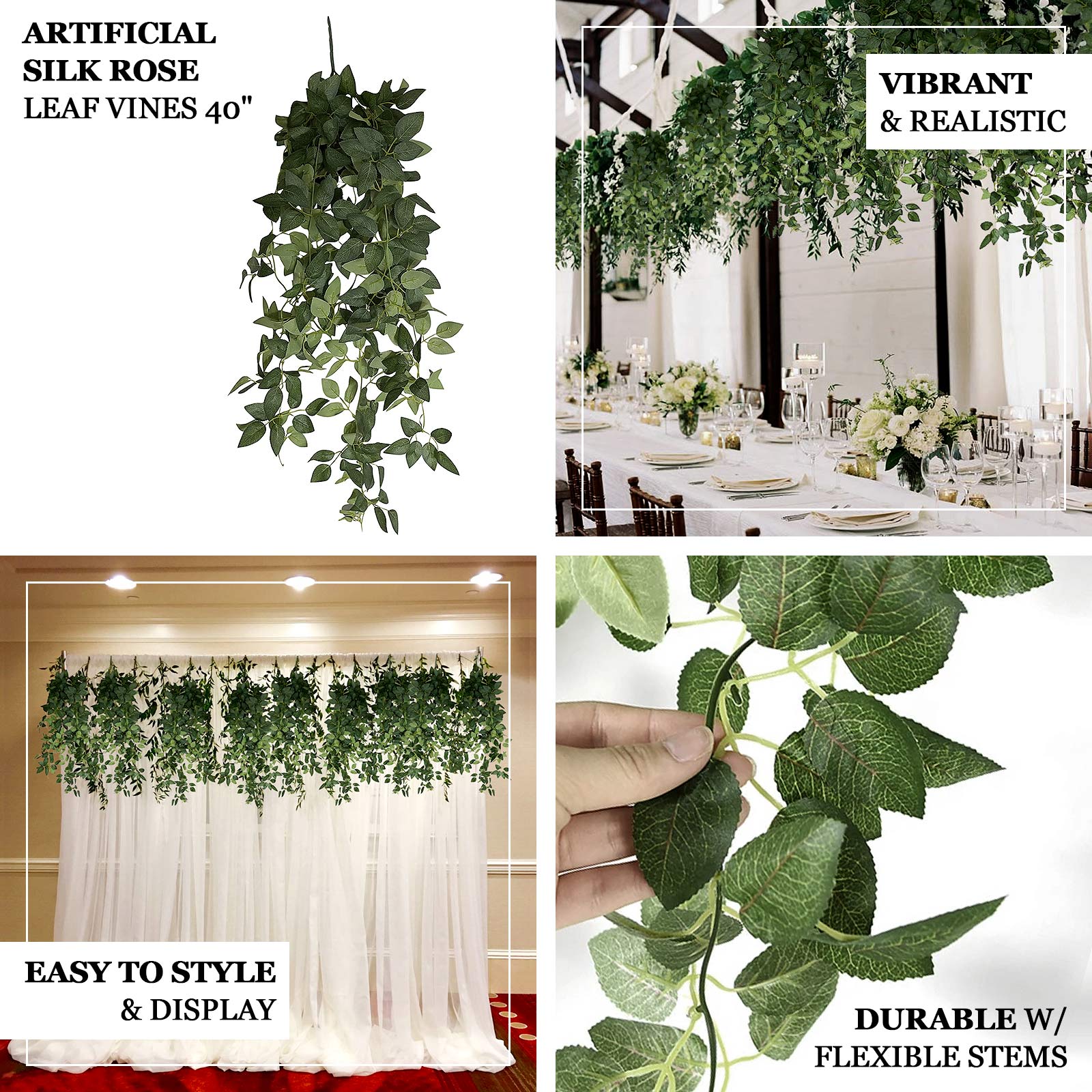 3 - Pack Silk Rose Leaf Hanging Plants 40" â€“ Realistic Artificial Greenery Vines for Home, Patio & Event Styling - Bell Racket Store