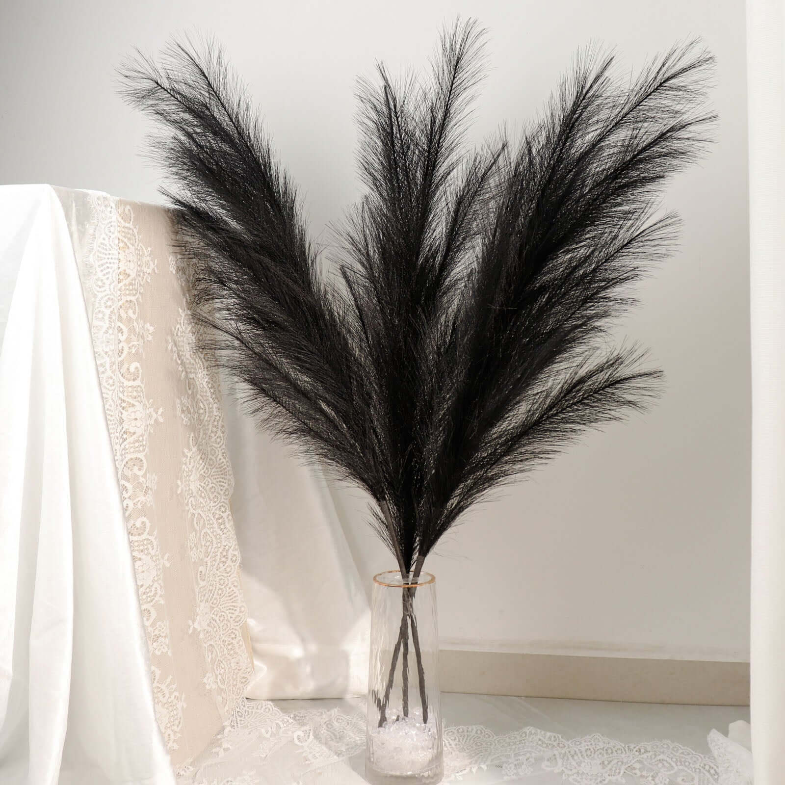 3 Stems Artificial Pampas Grass Decor Black - Soft Realistic Faux Ornamental Grass Branches for Rustic Boho Chic Backdrops Floral Styling & Vase Displays 44" - Bell Racket Store