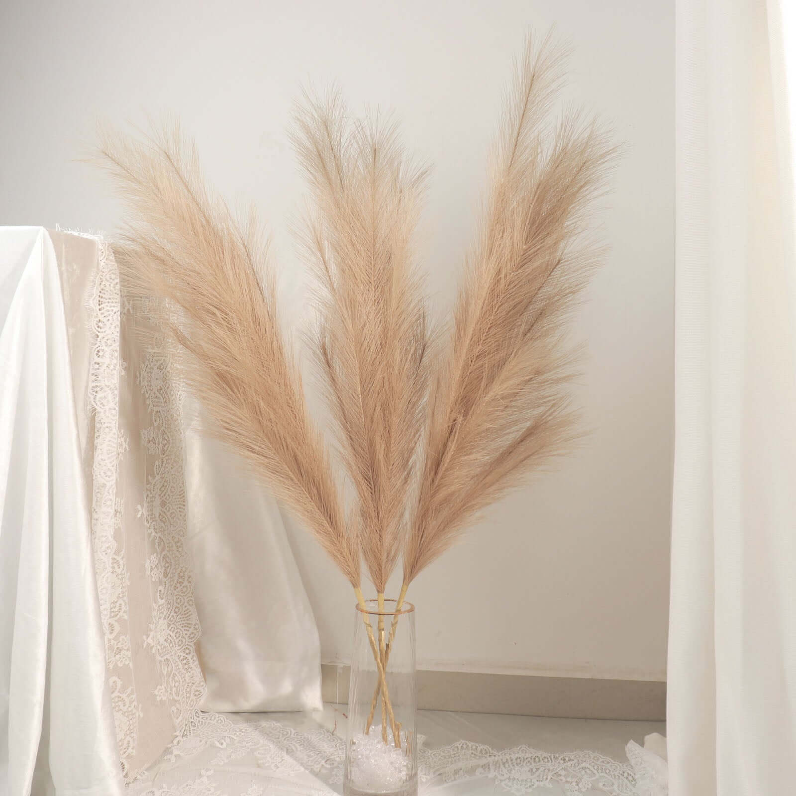 3 Stems Artificial Pampas Grass Decor Taupe - Soft Realistic Faux Ornamental Grass Branches for Rustic Boho Chic Backdrops Floral Styling & Vase Displays 44" - Bell Racket Store