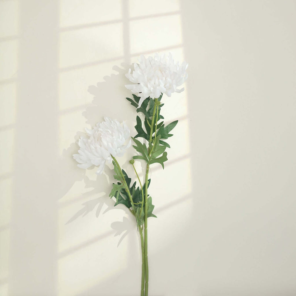 3 Stems White 27" Artificial Silk Chrysanthemum Bouquet Flowers, Large Faux Mum Branches - Bell Racket Store