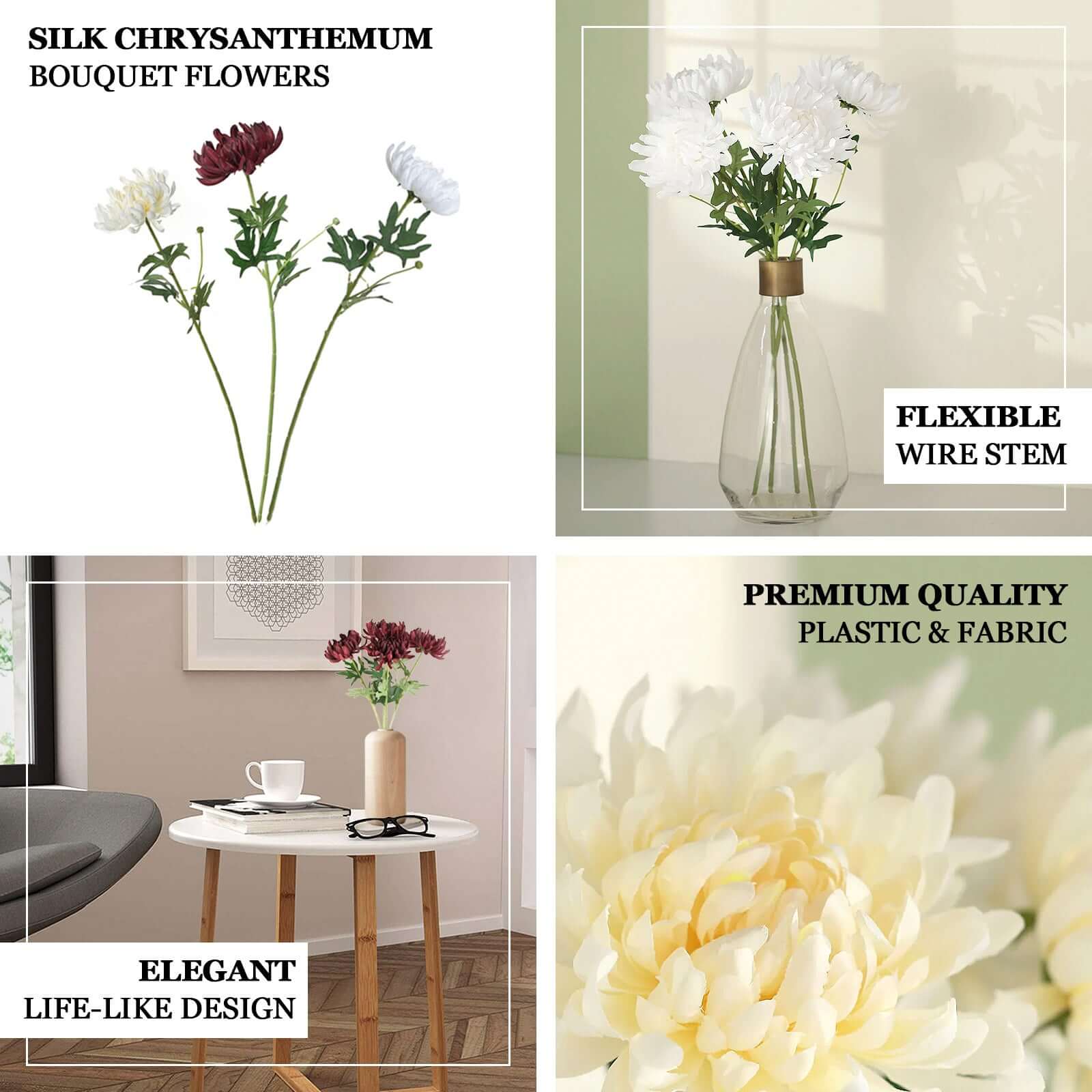 3 Stems White 27" Artificial Silk Chrysanthemum Bouquet Flowers, Large Faux Mum Branches - Bell Racket Store