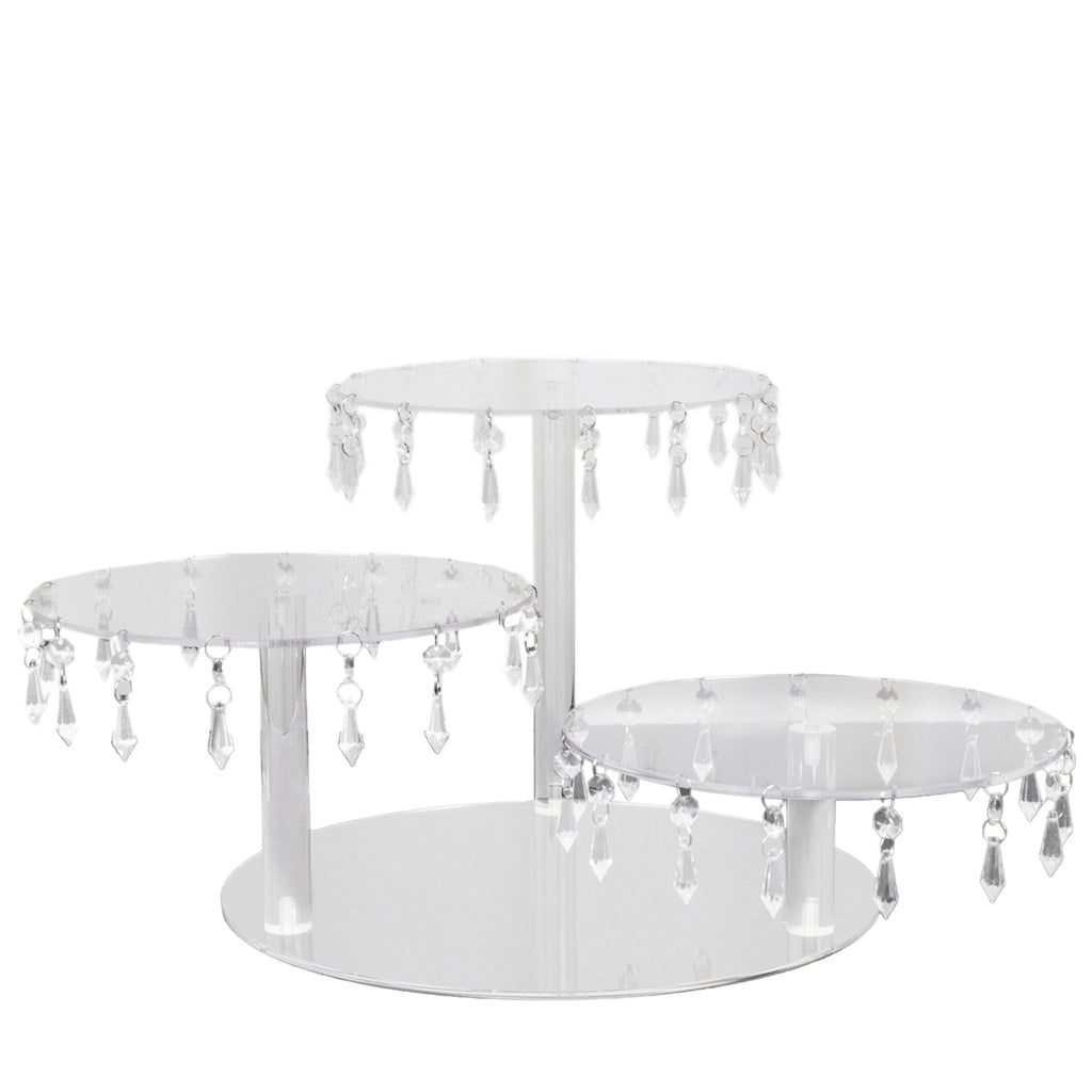 3 - Tier Acrylic Cake Stand Clear with Hanging Crystal Pendants â€“ Dessert Display for Weddings & Parties - Bell Racket Store