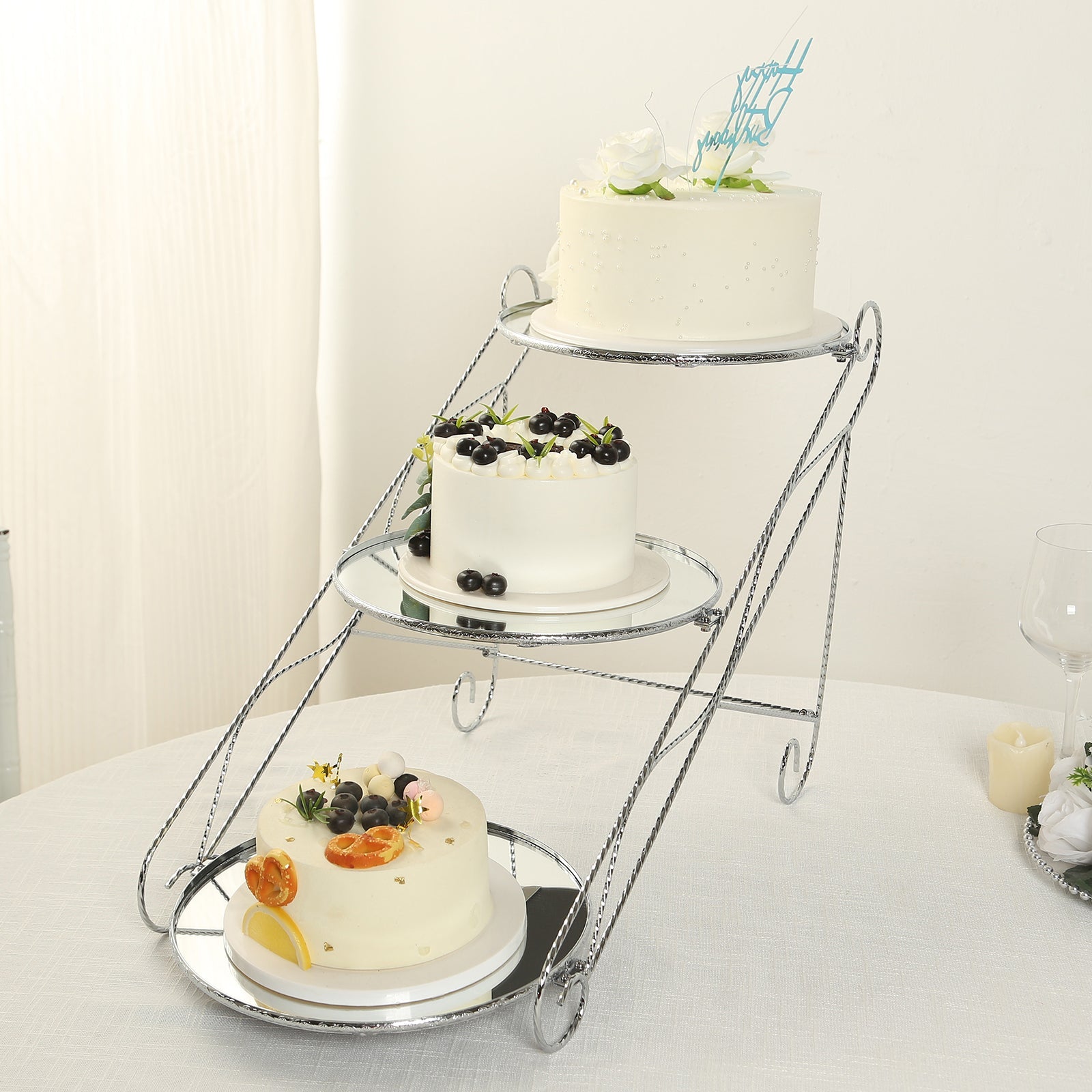 3 - Tier Cake Stand Cascading Design with Round Mirror Trays Silver - Dessert Display and Serving Platter Metal 16"x19" - Bell Racket Store