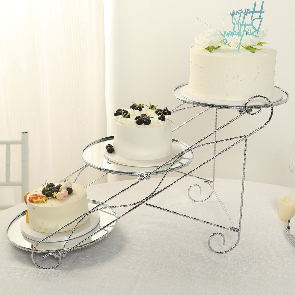 3 - Tier Cake Stand Cascading Design with Round Mirror Trays Silver - Dessert Display and Serving Platter Metal 16"x19" - Bell Racket Store