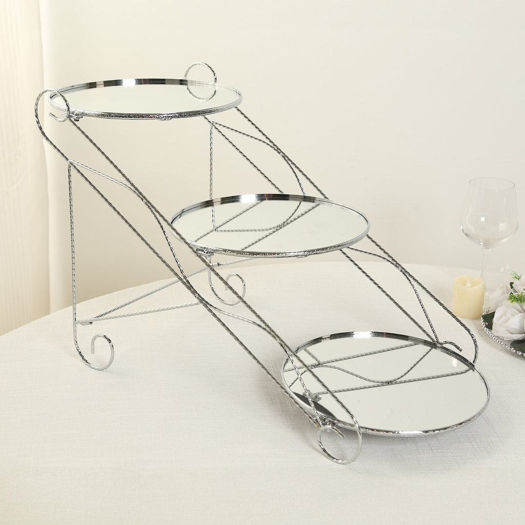 3 - Tier Cake Stand Cascading Design with Round Mirror Trays Silver - Dessert Display and Serving Platter Metal 16"x19" - Bell Racket Store