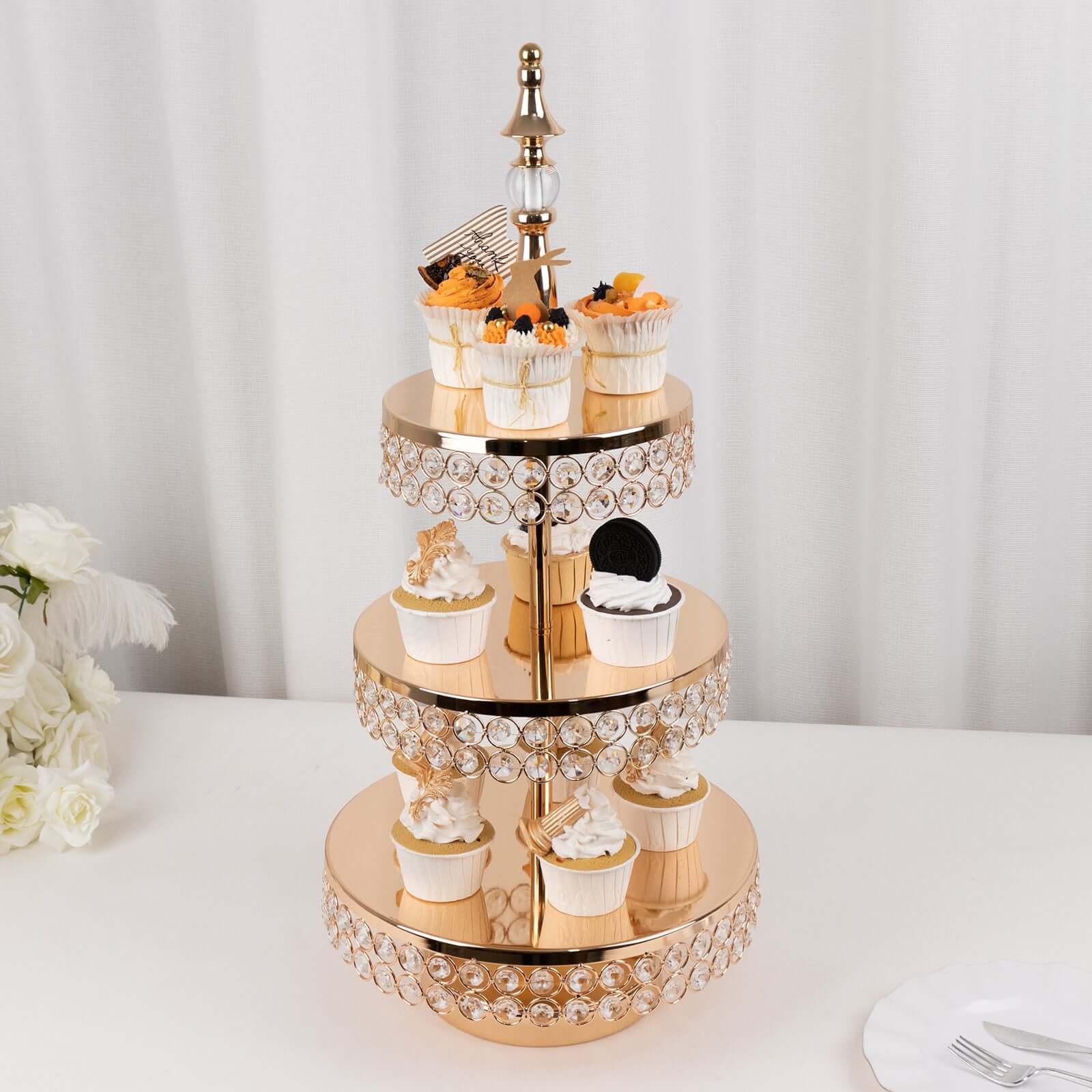 3 - Tier Cake Stand Crystal Beaded Gold with Round Mirror Top - Metal Cupcake Tower Dessert Display 26" - Bell Racket Store