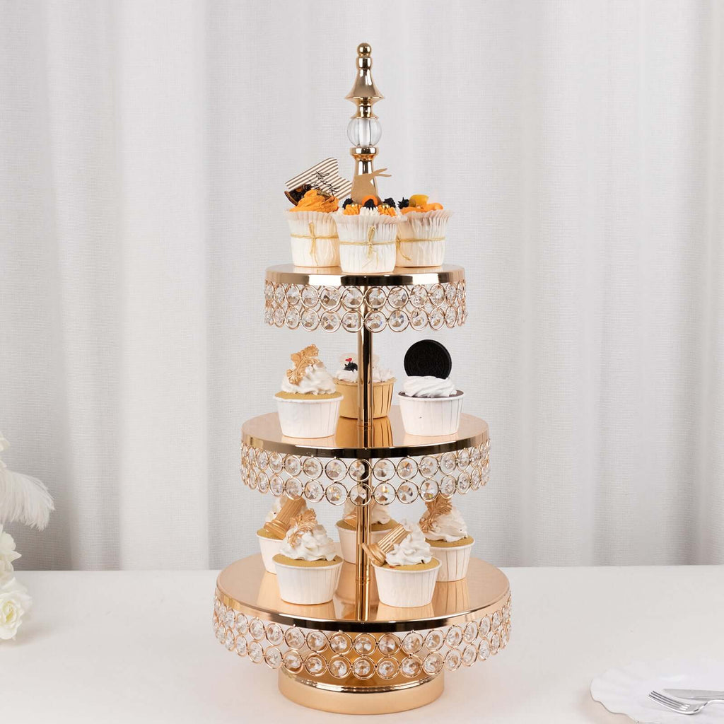 3 - Tier Cake Stand Crystal Beaded Gold with Round Mirror Top - Metal Cupcake Tower Dessert Display 26" - Bell Racket Store