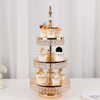 3 - Tier Cake Stand Crystal Beaded Gold with Round Mirror Top - Metal Cupcake Tower Dessert Display 26" - Bell Racket Store