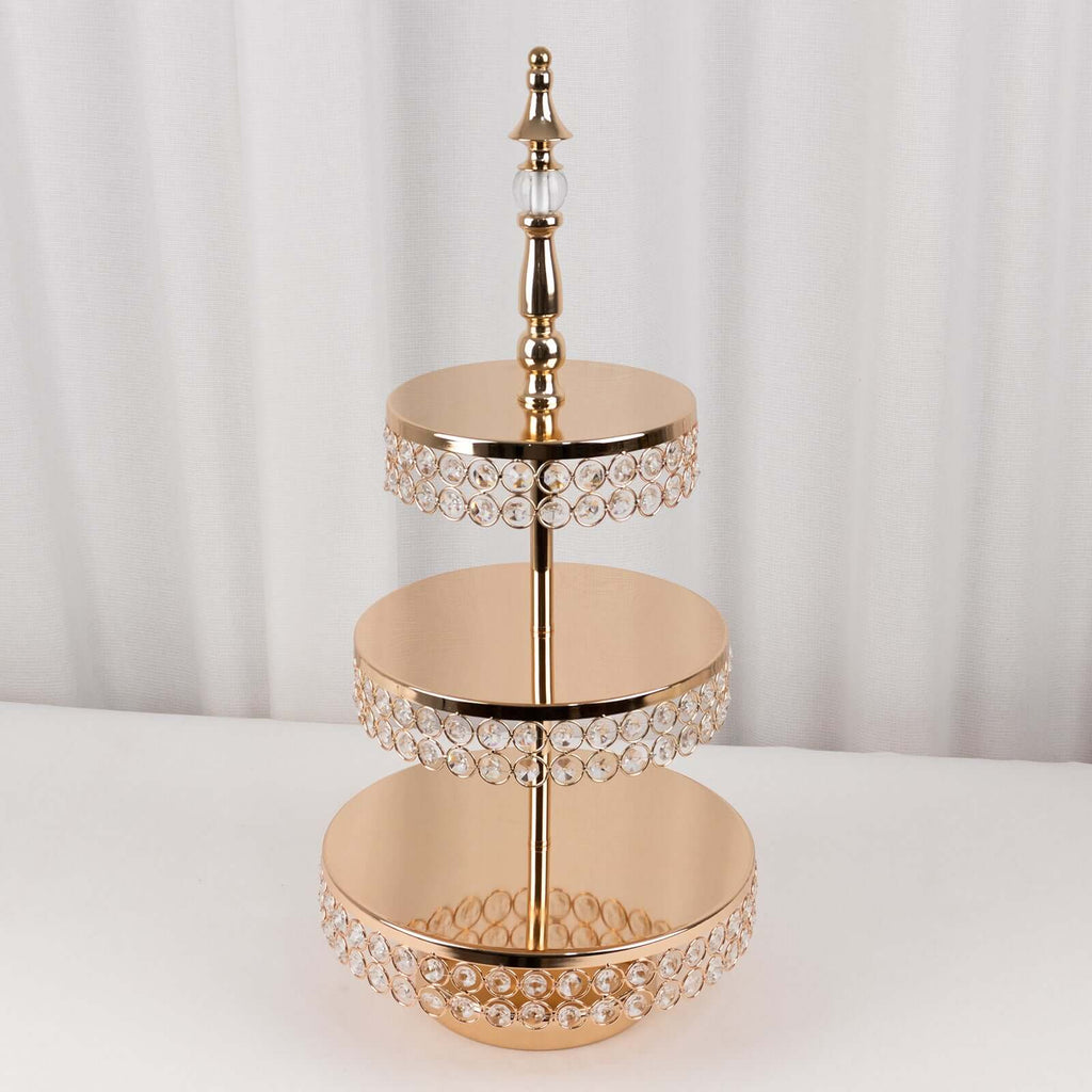 3 - Tier Cake Stand Crystal Beaded Gold with Round Mirror Top - Metal Cupcake Tower Dessert Display 26" - Bell Racket Store
