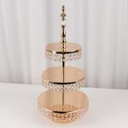 3 - Tier Cake Stand Crystal Beaded Gold with Round Mirror Top - Metal Cupcake Tower Dessert Display 26" - Bell Racket Store