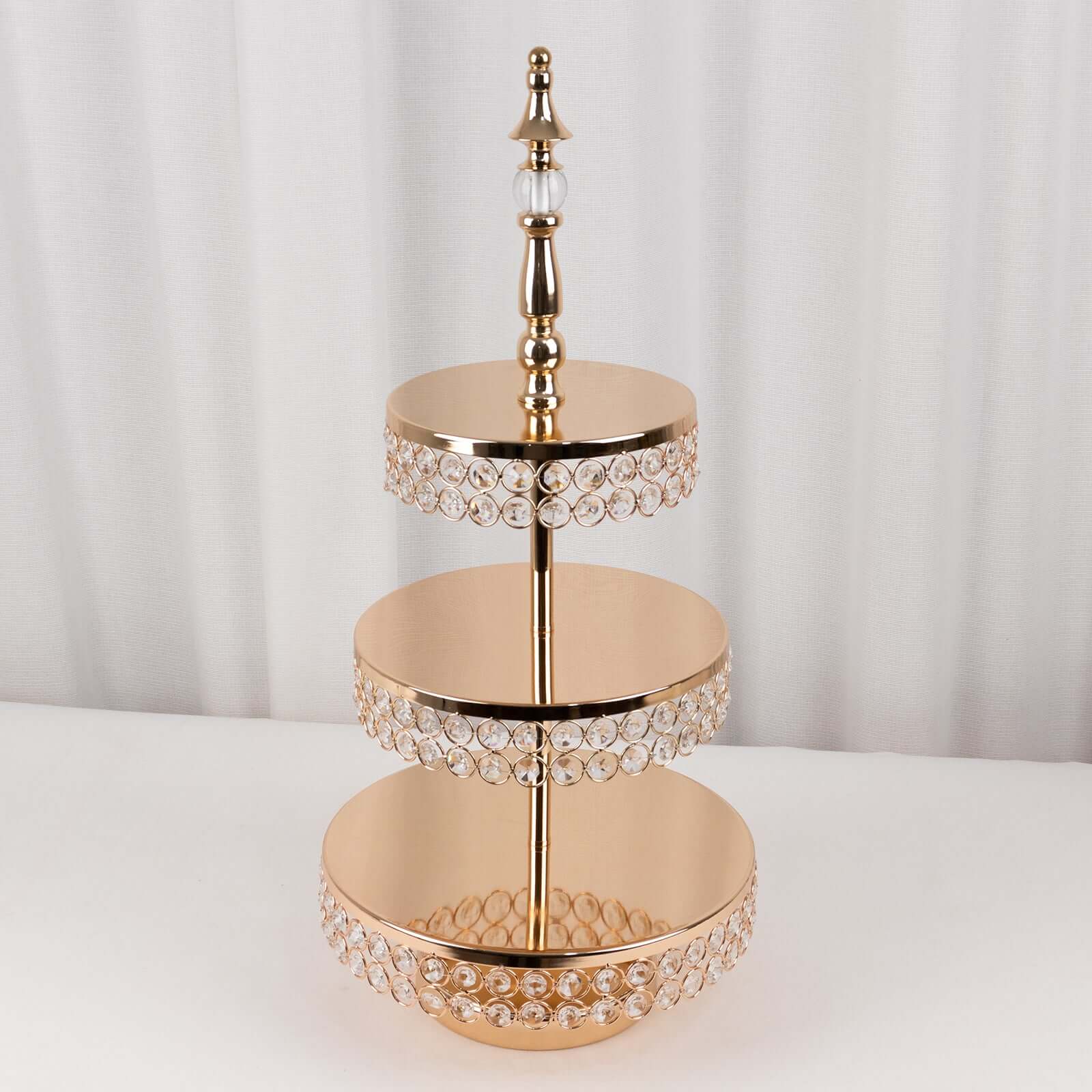 3 - Tier Cake Stand Crystal Beaded Gold with Round Mirror Top - Metal Cupcake Tower Dessert Display 26" - Bell Racket Store