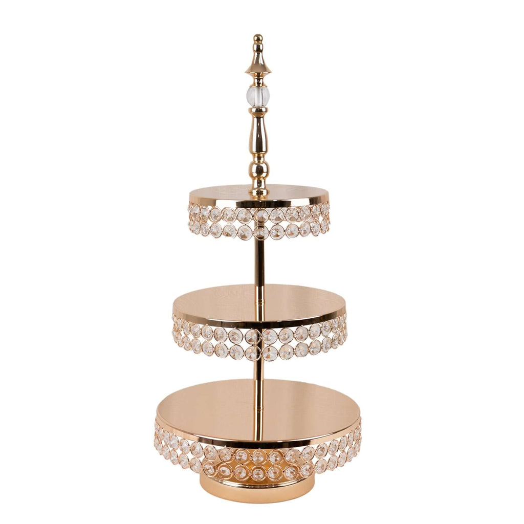 3 - Tier Cake Stand Crystal Beaded Gold with Round Mirror Top - Metal Cupcake Tower Dessert Display 26" - Bell Racket Store