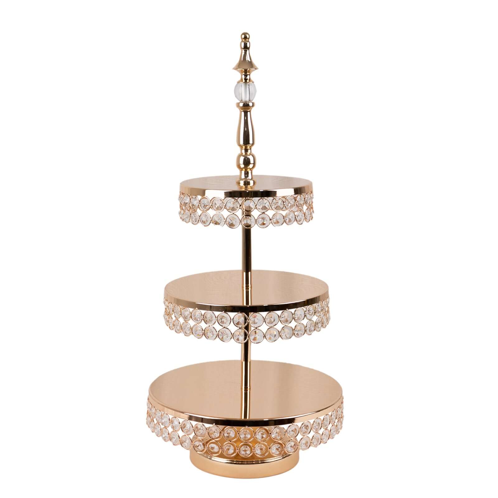 3 - Tier Cake Stand Crystal Beaded Gold with Round Mirror Top - Metal Cupcake Tower Dessert Display 26" - Bell Racket Store