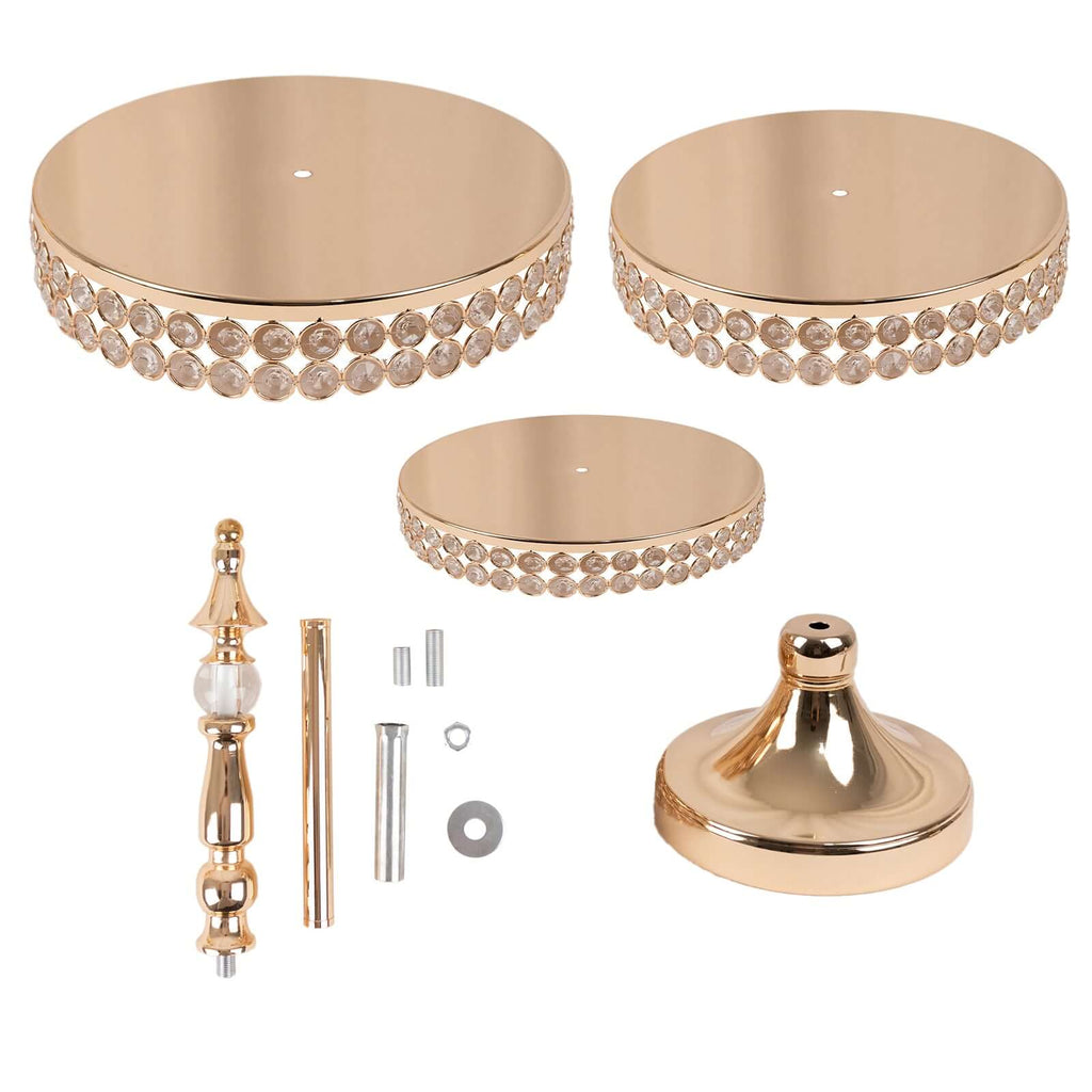 3 - Tier Cake Stand Crystal Beaded Gold with Round Mirror Top - Metal Cupcake Tower Dessert Display 26" - Bell Racket Store