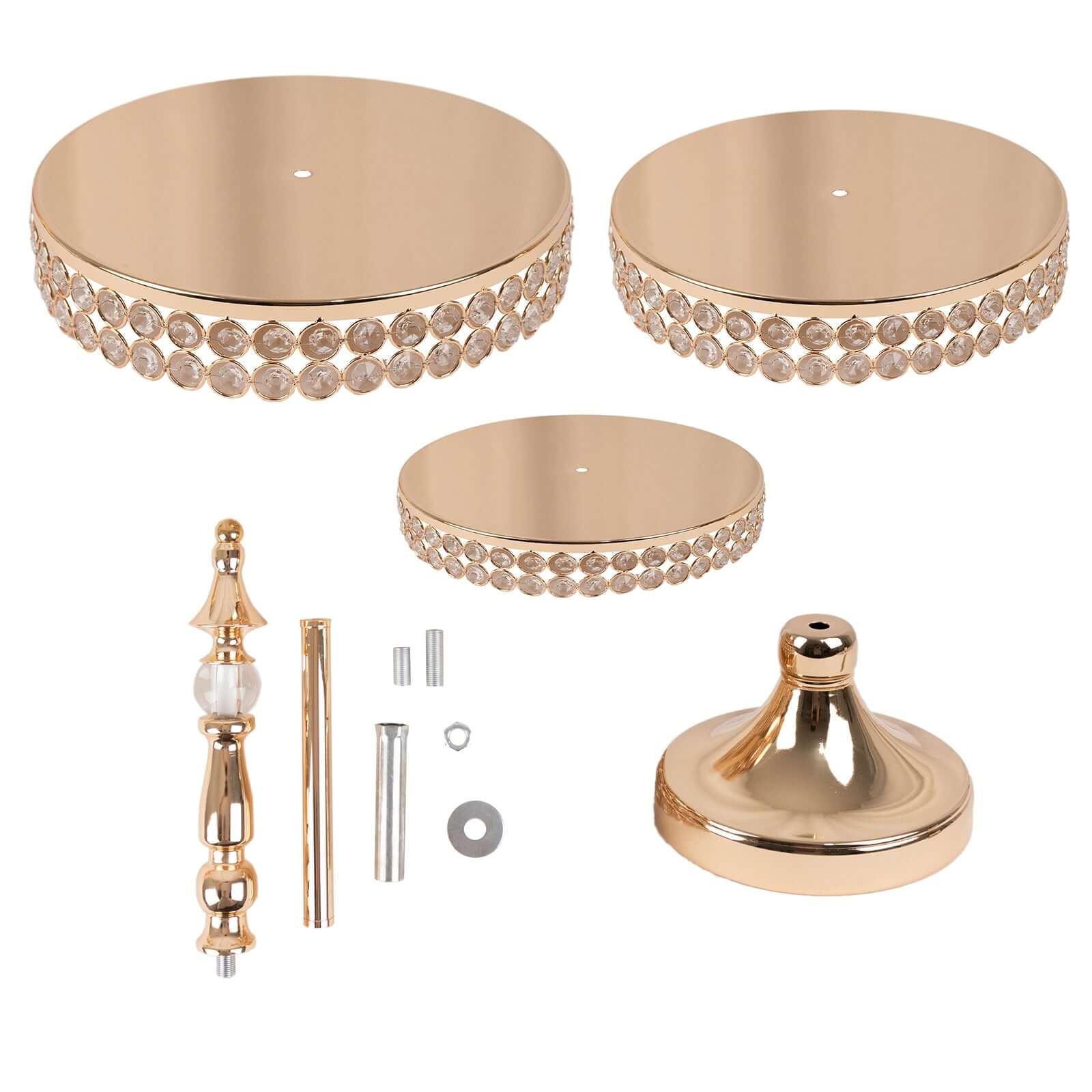 3 - Tier Cake Stand Crystal Beaded Gold with Round Mirror Top - Metal Cupcake Tower Dessert Display 26" - Bell Racket Store