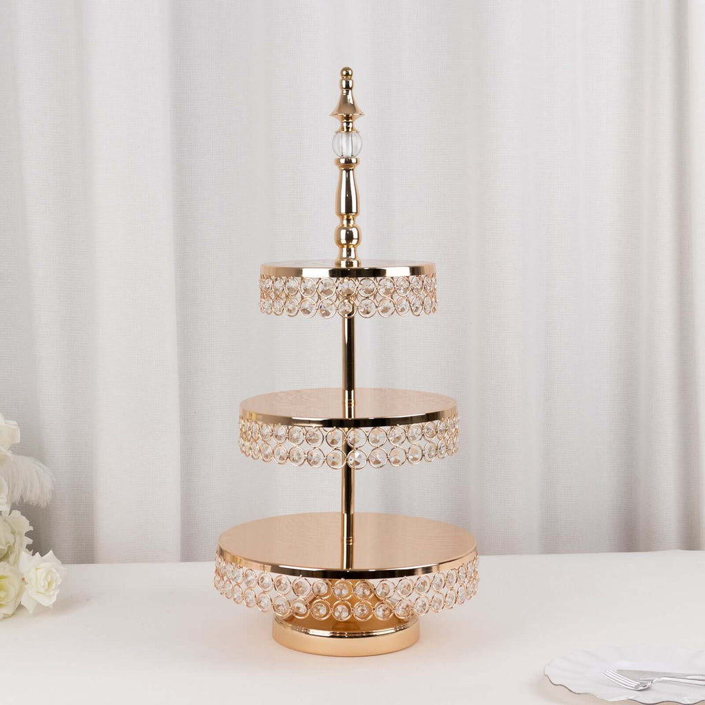 3 - Tier Cake Stand Crystal Beaded Gold with Round Mirror Top - Metal Cupcake Tower Dessert Display 26" - Bell Racket Store