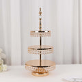 3 - Tier Cake Stand Crystal Beaded Gold with Round Mirror Top - Metal Cupcake Tower Dessert Display 26" - Bell Racket Store