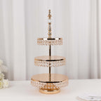 3 - Tier Cake Stand Crystal Beaded Gold with Round Mirror Top - Metal Cupcake Tower Dessert Display 26" - Bell Racket Store