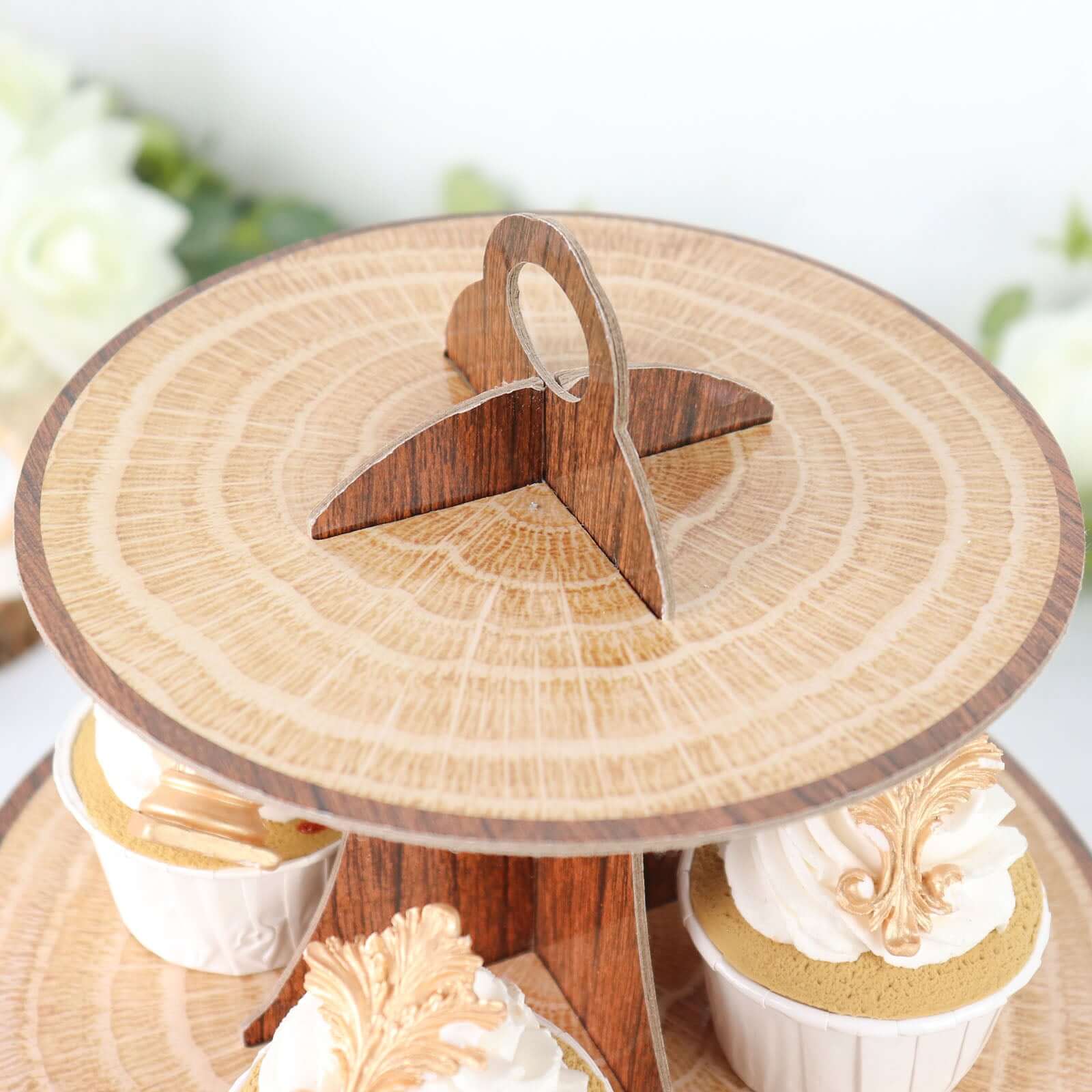 3 - Tier Cardboard Cupcake Stand Natural Wood Plank Print - Reusable Dessert Table Display Tower for Classy Birthday Wedding Party Decoration 14" - Bell Racket Store