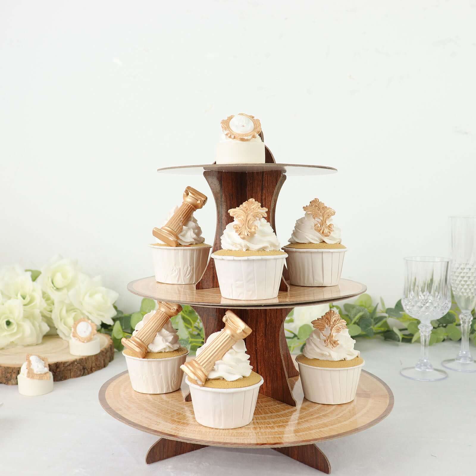 3 - Tier Cardboard Cupcake Stand Natural Wood Plank Print - Reusable Dessert Table Display Tower for Classy Birthday Wedding Party Decoration 14" - Bell Racket Store