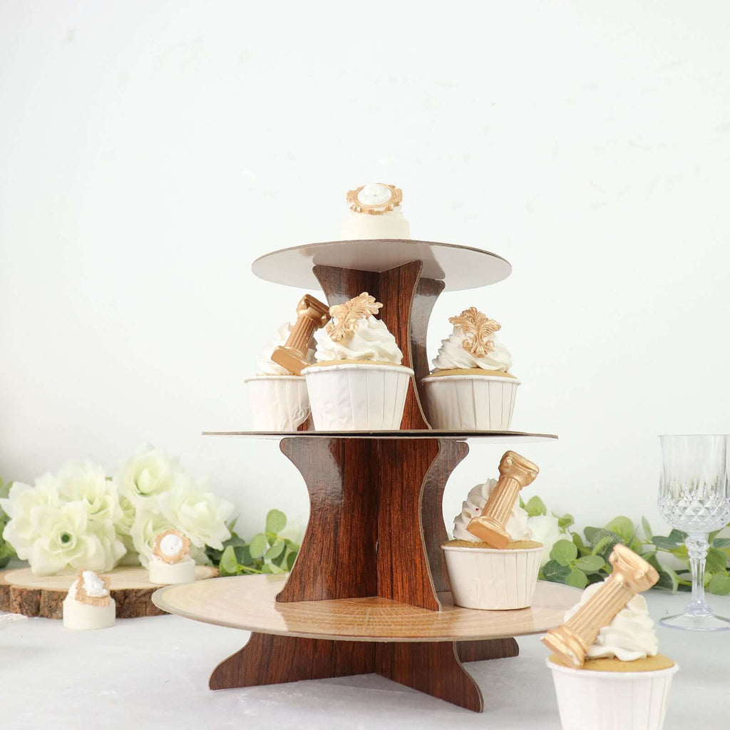 3 - Tier Cardboard Cupcake Stand Natural Wood Plank Print - Reusable Dessert Table Display Tower for Classy Birthday Wedding Party Decoration 14" - Bell Racket Store
