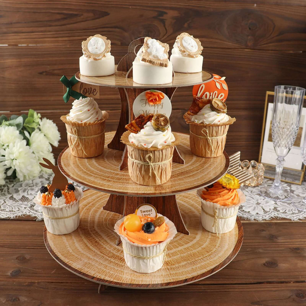 3 - Tier Cardboard Cupcake Stand Natural Wood Plank Print - Reusable Dessert Table Display Tower for Classy Birthday Wedding Party Decoration 14" - Bell Racket Store