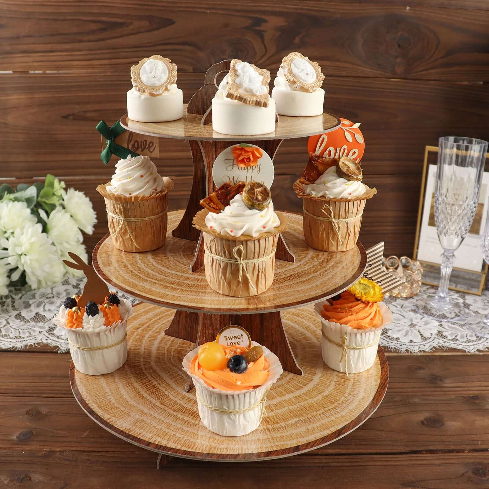3 - Tier Cardboard Cupcake Stand Natural Wood Plank Print - Reusable Dessert Table Display Tower for Classy Birthday Wedding Party Decoration 14" - Bell Racket Store