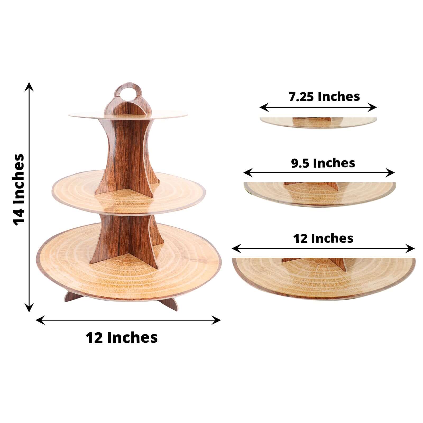 3 - Tier Cardboard Cupcake Stand Natural Wood Plank Print - Reusable Dessert Table Display Tower for Classy Birthday Wedding Party Decoration 14" - Bell Racket Store