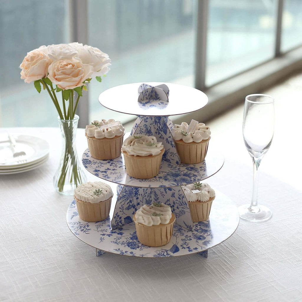 3 - Tier Cardboard Cupcake Stand White with Blue French Toile Pattern - Reusable Dessert Display Stand Round Serving Platter for High - Tea Gatherings Weddings & Spring Celebrations 11" - Bell Racket Store