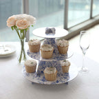 3 - Tier Cardboard Cupcake Stand White with Blue French Toile Pattern - Reusable Dessert Display Stand Round Serving Platter for High - Tea Gatherings Weddings & Spring Celebrations 11" - Bell Racket Store